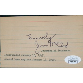 Jim McCord Tennessee Governor Signed 3x5 Index Card JSA Authenticated