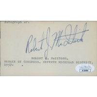 Robert McIntosh Michigan Congressman Signed 2.75x5 Index Card JSA Authenticated