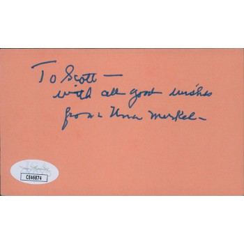 Una Merkel Actress Signed 3x5 Index Card JSA Authenticated Personalized
