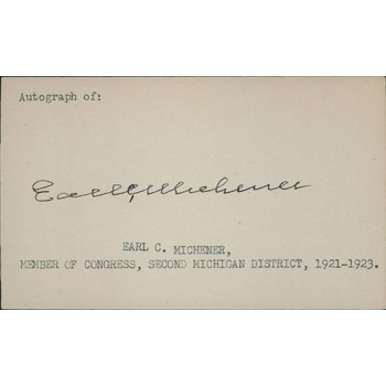 Earl Michener Michigan Congressman Signed 3x5 Index Card JSA Authenticated