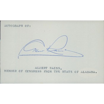 Albert Rains Alabama Congressman Signed 3x5 Index Card JSA Authenticated