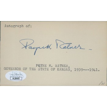 Payne Ratner Kansas Governor Senator Signed 3x5 Index Card JSA Authenticated