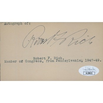 Robert F. Rich Pennsylvania Congressman Signed 2.75x5 Index Card JSA Authentic