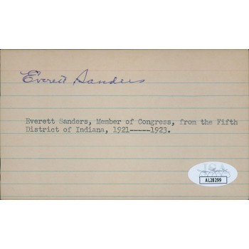 Everett Sanders Indiana Congressmen Signed 3x5 Index Card JSA Authenticated