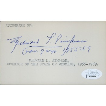 Milward Simpson Wyoming Governor Senator Signed 3x5 Index Card JSA Authenticated