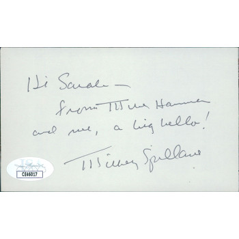 Mickey Spillane Writer Signed 3x5 Index Card JSA Authenticated Personalized