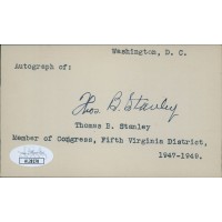 Thomas Stanley Virginia Governor Signed 3x5 Index Card JSA Authenticated
