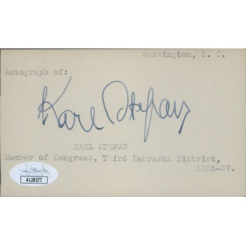 Karl Stefan Nebraska Congressmen Signed 3x5 Index Card JSA Authenticated