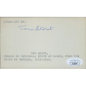 Tom Stout Montana Congressman Signed 3x5 Index Card JSA Authenticated