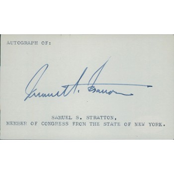 Samuel Stratton New York Congressman Signed 3x5 Index Card JSA Authenticated