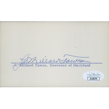 J. Millard Tawes Maryland Governor Signed 3x5 Index Card JSA Authenticated