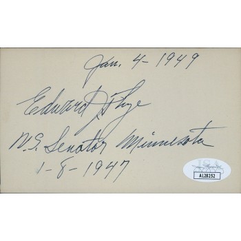 Edward J. Thye Senator Governor Signed 3x5 Index Card JSA Authenticated