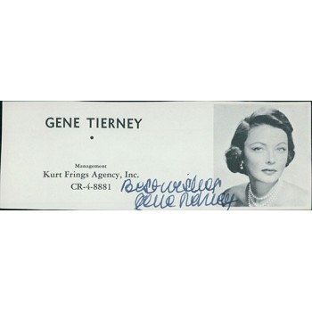 Gene Tierney Actress Signed 2x5 Directory Cut JSA Authenticated