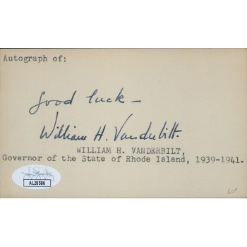 William H. Vanderbilt Rhode Island Governor Signed 3x5 Index Card JSA Authentic