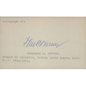 Theodore Werner South Dakota Congressman Signed 3x5 Index Card JSA Authenticated