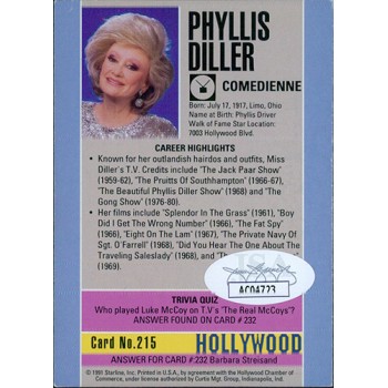 Phyllis Diller Comedian Signed 1991 Starline Hollywood HOF Card JSA Authentic