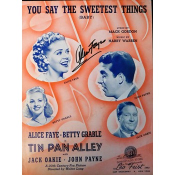Alice Faye Signed You Say The Sweetest Things Sheet Music JSA Authenticated