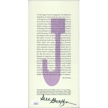 Sue Grafton Author Signed J is for Judgement 5x10.5 Promo Page JSA Authenticated