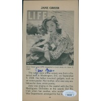 Jane Greer Actress Signed 4x7 Cut Page Photo JSA Authenticated