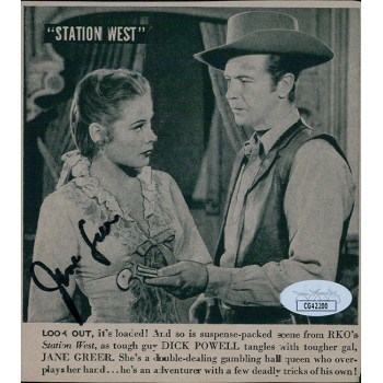 Jane Greer Actress Signed 4.5x5.25 Cut Page Photo JSA Authenticated