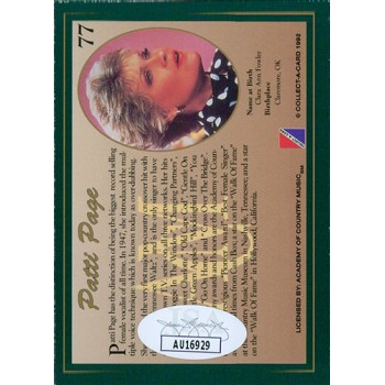 Patti Page Signed 1992 Collect-A-Card Country Classics Card #77 JSA Authentic