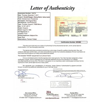 Ronald Reagan, Nancy Davis, Jerry Lewis Signed Chasen's Restaurant Menu JSA Authenticated