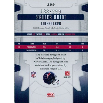 Xavier Adibi Houston Texans Signed 2008 Leaf Limited Card #299 /299