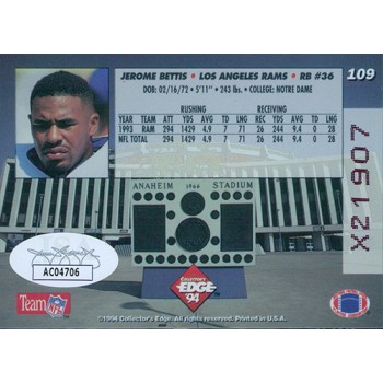 Jerome Bettis LA Rams Signed 1994 Collectors Edge Card #109 JSA Authenticated