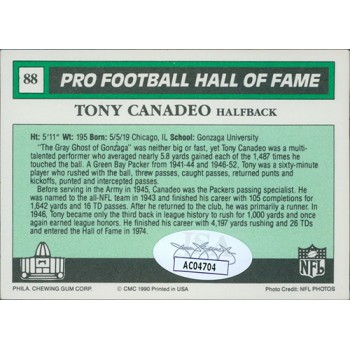 Tony Canadeo Green Bay Packers Signed 1990 Swell HOF Football Card #88 JSA Auth