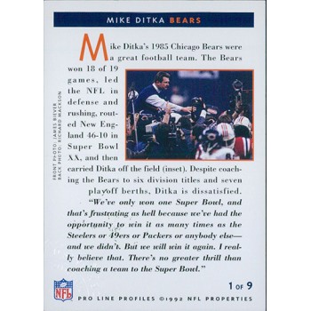Mike Ditka Chicago Bears Signed 1992 Pro Line Profiles Card 1 of 9 #487 DMG