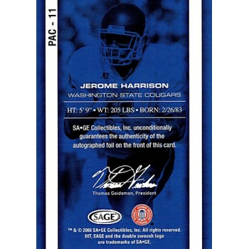 Jerome Harrison Washington State Signed 2006 SAGE HIT Football Card #PAC-11 /50