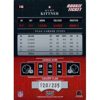 Kurt Kittner Falcons Signed 2002 Playoff Contenders Rookie ticket Card #148 /235