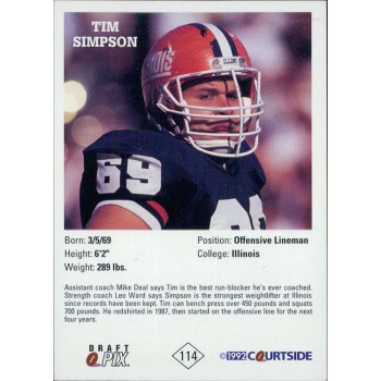 Tim Simpson Illinois Fighting Illini Signed 1992 Courtside Draft Pix Card #114