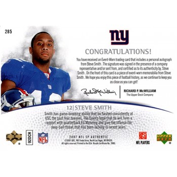 Steve Smith New York Giants Signed 2007 Upper Deck SP Authentic Card #285 /725