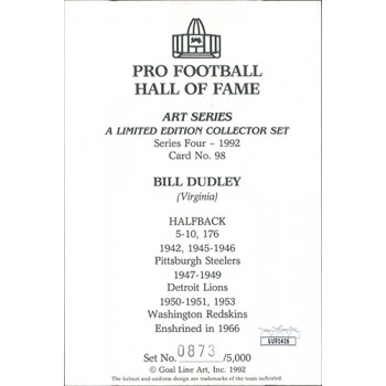 Bill Bullet Dudley Signed Goal Line Art Hall of Fame Postcard JSA Authenticated