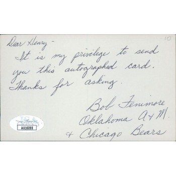 Bob Fenimore Chicago Bears Signed 3x5 Index Card JSA Authenticated Personalized