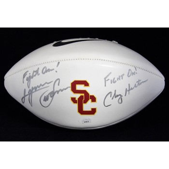 USC Trojans Lynn Swann Clay Helton Signed White Panel Football JSA Authenticated