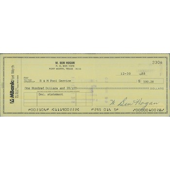 Ben Hogan PGA Golfer Signed Cancelled Check JSA Authenticated