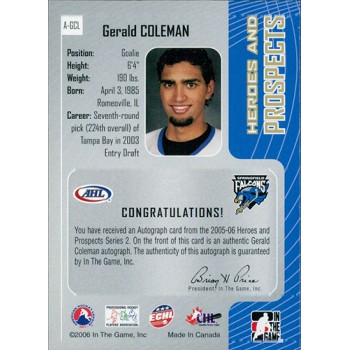 Gerald Coleman Signed 2005-06 ITG Heroes and Prospects Series 2 Card #A-GCL