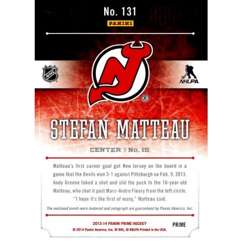 Stefan Matteau NJ Devils Signed 2013-14 Panini Prime Jersey Patch Card #131 /199