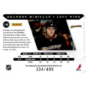 Brandon McMillan Ducks Signed 2010-11 Panini Luxury Suite Rookies Card #146 /499