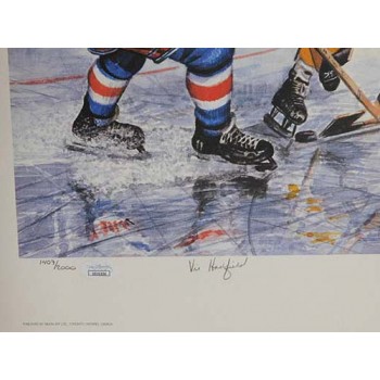 In The Slot Vic Hadfield, Ed Giacomin & John Bucyk Signed Lithograph JSA Authen