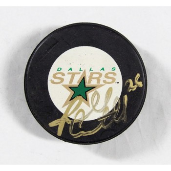 Russ Courtnall Signed Dallas Stars Hockey Puck JSA Authenticated