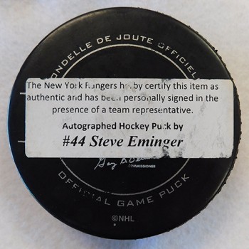 Steve Eminger New York Rangers Signed Hockey Puck Rangers Team Authenticated