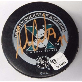 Adam Oates Signed Mighty Ducks Of Anaheim Official Game Hockey Puck Global Authenticated
