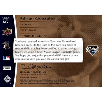 Adrian Gonzalez San Diego Padres 2008 SPX Winning Materials Card #WM-AG /125