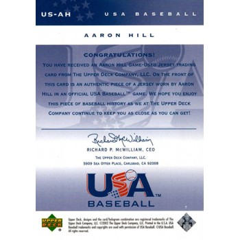 Aaron Hill 2002 Upper Deck USA Baseball Jersey Card #US-AH 210/475