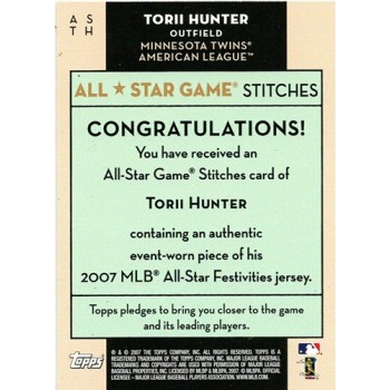 Torii Hunter 2007 Topps All-Star Game Stitches Jersey Patch Card #ASTH