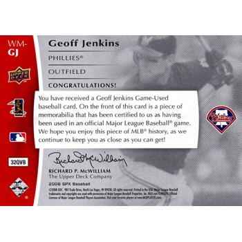 Geoff Jenkins Milwaukee Brewers 2008 SPX Winning Materials Card #WM-GJ /99