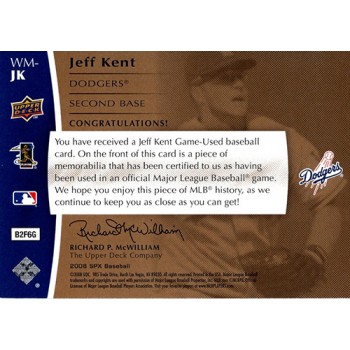 Jeff Kent Los Angeles Dodgers 2008 SPX Winning Materials Card #WM-JK /125